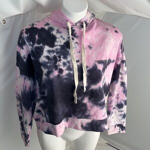 Ivory Ella tie dye pink purple gray oversized cropped logo hoodie